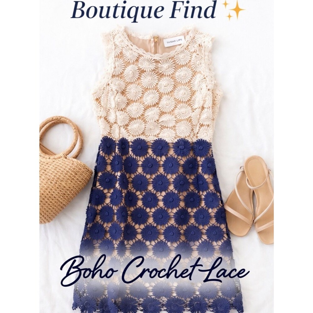 Coquette Girl Crochet Lace Dress Navy Cream Boutique Summer Brunch Date S  Chic